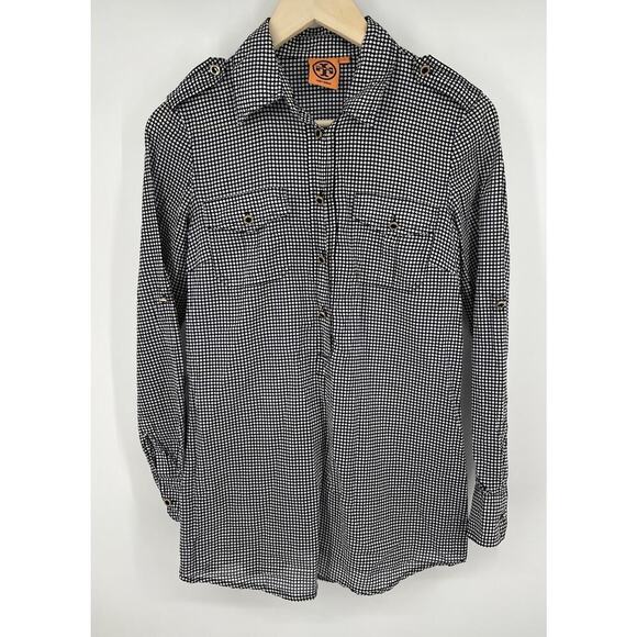 Tory Burch Blue Polka Dot Print Cotton Shirt Roll Tab Sleeve Size 4 - Picture 1 of 6